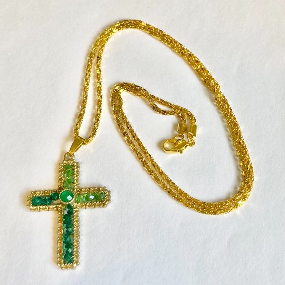 Vintage Gold Bead Cross Pendant Necklace Green Hand Beaded Plated 22" Christian - Picture 8 of 11